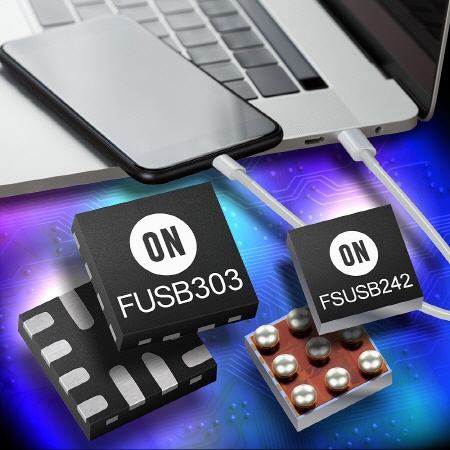 FUSB303 포트 컨트롤러(왼쪽)와 FSUSB242 스위치