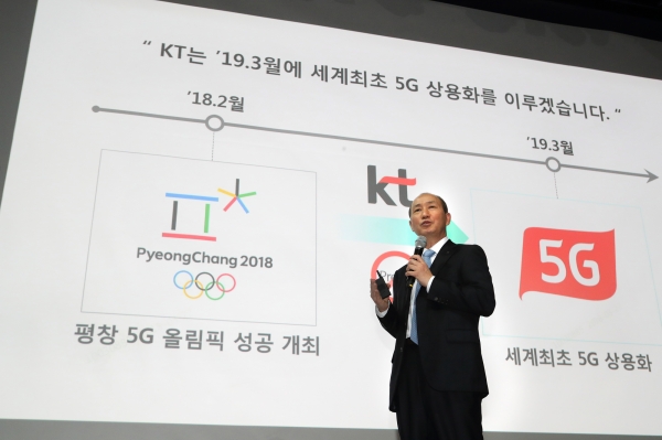 KT 네트워크부문 오성목 사장이 평창 5G 시범서비스 성과와 KT가 확보한 5G 기술력 그리고 KT의 5G 상용화 전략에 대해 발표하고 있다