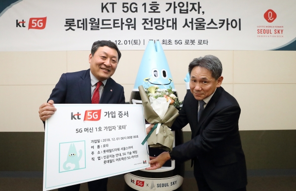 KT 마케팅부문장 이필재 부사장이 인공지능 로봇 ‘로타’의 5G 머신 1호 가입자 증서를 롯데월드 박동기 대표에게 전하고 있다.