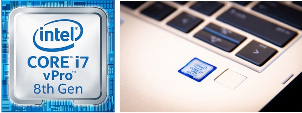 인텔 8세대 v프로 프로세서 로고(왼쪽) 및 인텔 8세대 v프로 프로세서 탑재 노트북