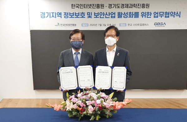 KISA 김석환 원장(왼쪽)과 GBSA 김기준 원장이 업무협약(MoU)을 체결하고 있다.