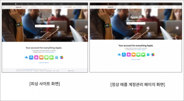 애플 계정관리로 위장한 피싱 사이트 화면 비교