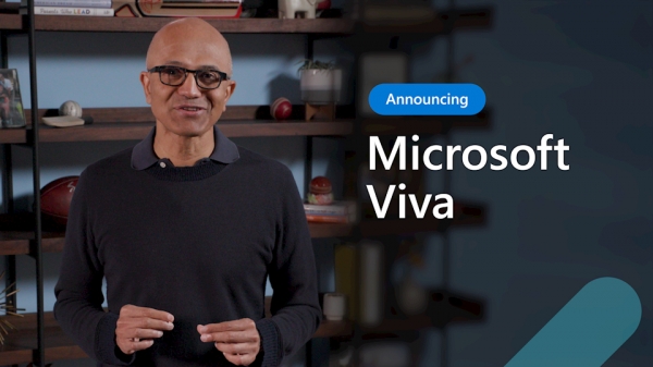사티아 나델라 마이크로소프트 CEO가 직원 경험 플랫폼 ‘비바’를 발표하고 있다.