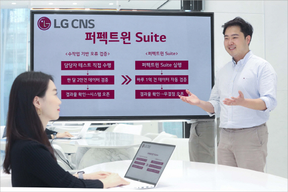 LG CNS 직원이 퍼펙트윈 스위트를 소개하고 있다.