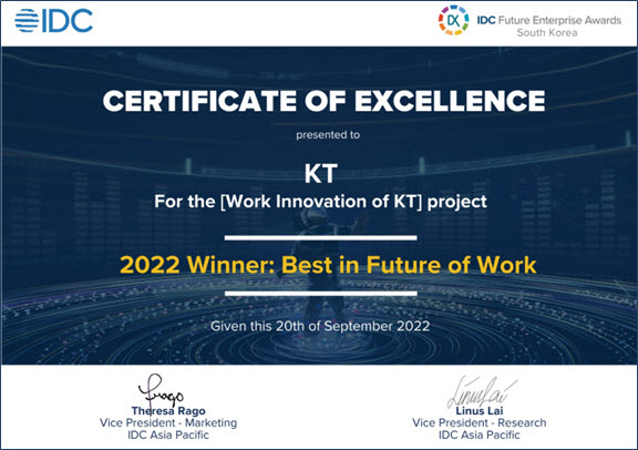 KT의 2022 IDC 퓨처엔터프라이즈 어워드 수상 증명서.