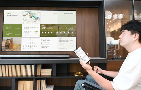 모델이 LG 씽큐 앱에서 ‘모닝브리핑’ 서비스를 실행해 LG 스마트 TV의 화면을 통해 정보를 확인하고 있다.