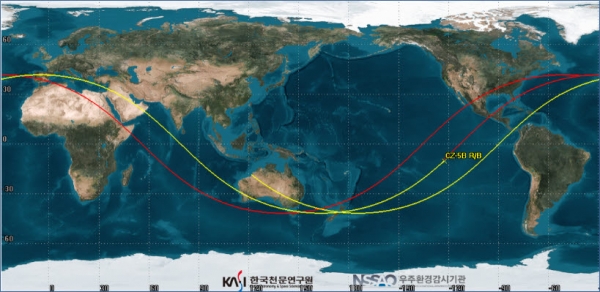창정-5B호 추락 예측 궤도