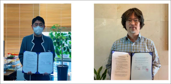 이니텍의 보안사업본부 배무건 본부장(왼쪽)과 이화여자대학교 양대헌 교수가 AI 기술 연구 협력을 위한 업무 협약을 체결했다.
