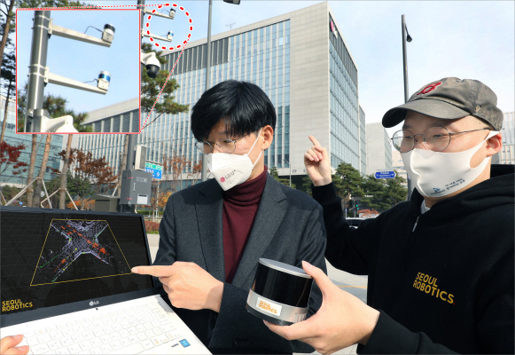LG유플러스 서울 마곡사옥 앞 교차로에 설치된 라이다 센서를 주영준 LG유플러스 차세대기술랩장(왼쪽)과 이한빈 서울로보틱스 대표가 살펴보고 있다.