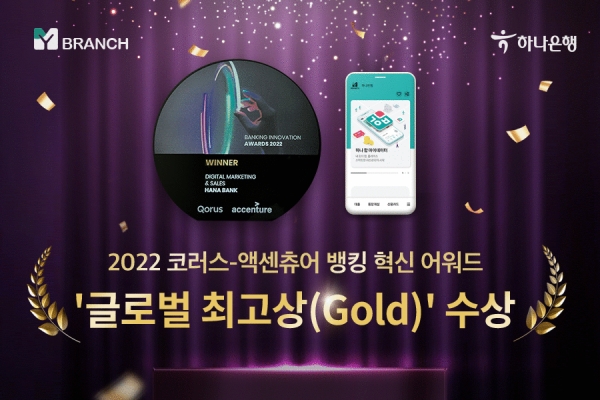 하나은행은 '2022 코러스-액센츄어 뱅킹 혁신 어워드'에서 ‘글로벌 최고상(Gold)’을 수상했다.