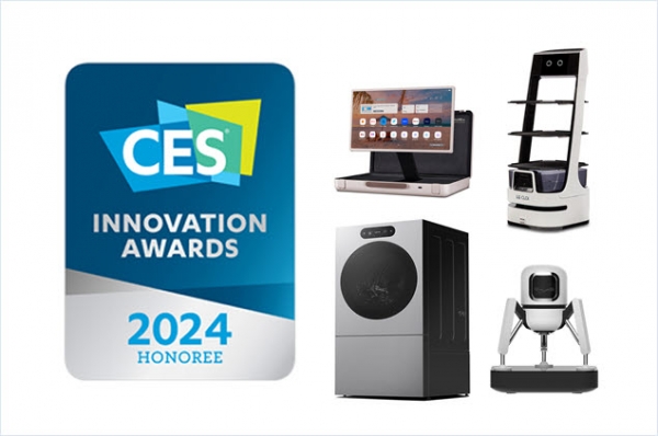 (왼쪽 상단부터 시계방향으로) 'CES 2024 혁신상'을 수상한 LG 스탠바이미 Go, LG 클로이 서브봇, 신개념 커피머신 듀오보, LG 시그니처 세탁건조기.